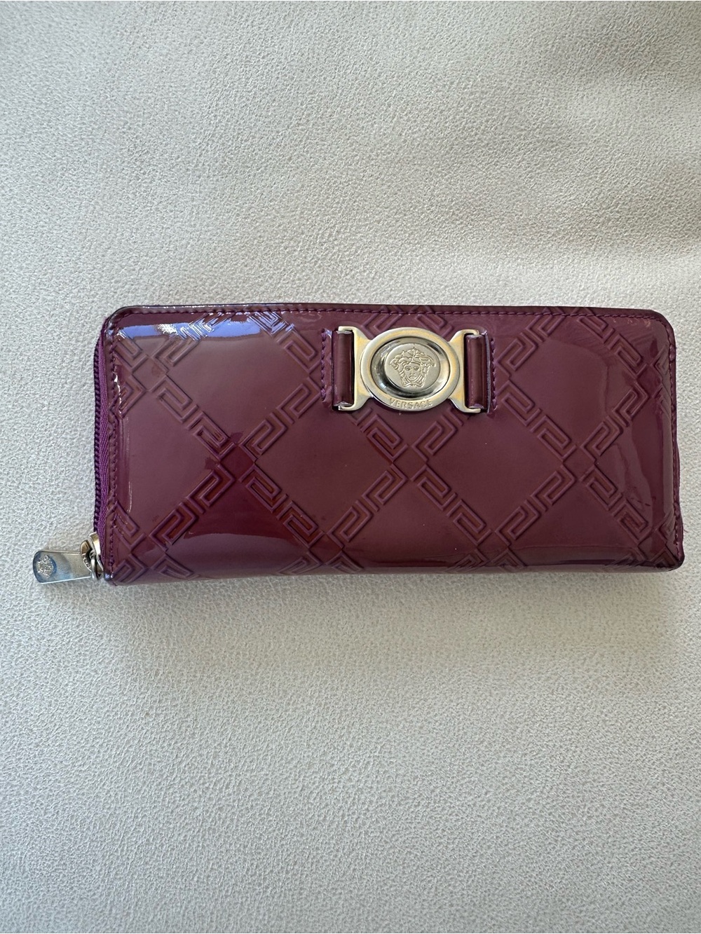 Versace Patent Quilted Zip-Around Wallet in Deep Wine with Gold Medallion